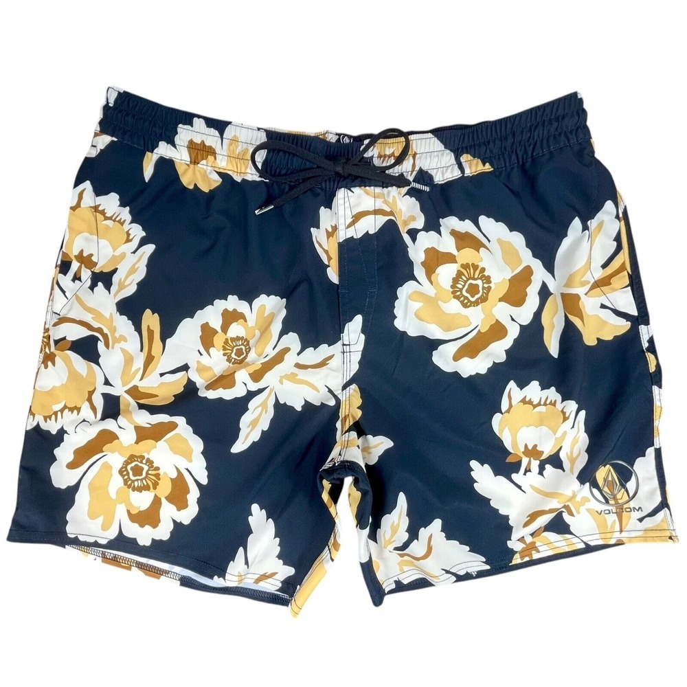 Volcom Men's XXL Hybrid Swim Trunks Black/Gold‎ Floral Print Elastic Waistband